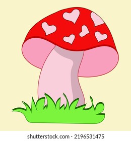 Large painted red mushroom with heart spots. Isolated element, a separate detail for the decoration of postcards, posters, illustrations, banners, pictures.