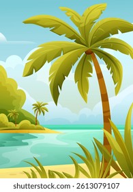 large palm tree on an island in a tropical country with sea and sky in the background