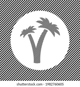 A large palm trees symbol in the center as a hatch of black lines on a white circle. Interlaced effect. Seamless pattern with striped black and white diagonal slanted lines