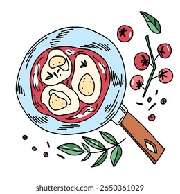 Large pan with eggs boiled in tomatoes with herbs, shakshuka for breakfast in doodle style