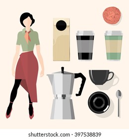 Large paper cup with coffee, cake and a bag of coffee, coffee machine. Kitchen, bar, restaurant design elements. Vector Set