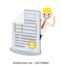 Large paper file of documents with the seal. Office worker in a tie waving. Contract conclusion. Comic drawing.  Cartoon flat illustration