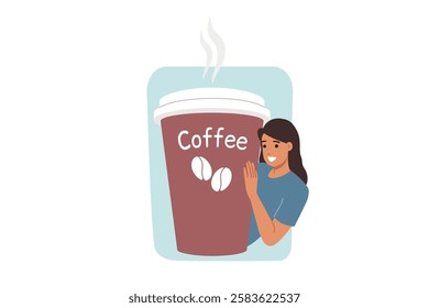 Large paper glass of coffee near smiling woman who drinks invigorating aromatic drink after waking up. Takeaway coffee from street coffeeshop that allows you to warm up on way to work or university