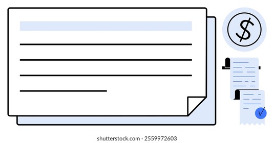 Large paper with lines, currency symbol in circle, and two smaller documents with checkmarks. Ideal for financial, accounting, business, bookkeeping, invoicing, record-keeping