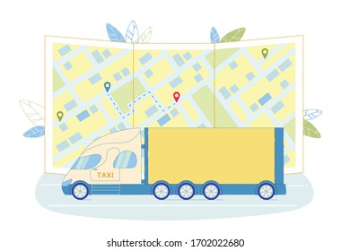 Mapa de papel grande muestra el modo de transportar muebles. Coche de pie frente al Mapa detallado de la ciudad. Marcó la Aceptación de Carga de los Lugares y su entrega. Taxi de carga trasera cubierto con tela de carpas.