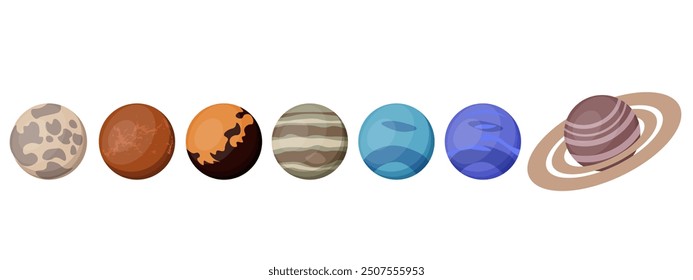 A large parade of planets is isolated on a transparent background. Six planets in a row. An astronomical miracle. Vector illustration.