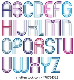 Large parallel colorful uppercase letters with rounded corners, striped font with outline.