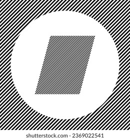 A large parallelogram symbol in the center as a hatch of black lines on a white circle. Interlaced effect. Seamless pattern with striped black and white diagonal slanted lines