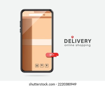 large parcel box or cardboard box is placed inside smartphone screen and red buy icon display front,vector 3d isolated on white background for transport,logistics,delivery and online shopping concept