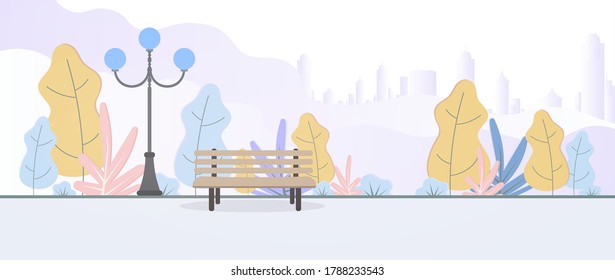 Large park. Trees, bushes, shop, lantern. Empty park in a flat style. Vector.