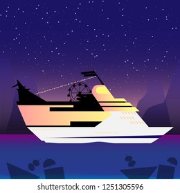 A large party luxurious passenger ship.Travel through the world. Beautiful flat design night environment. The stars shine in the sky  Cruise voyage floating by the ocean with beautiful sea sights. 