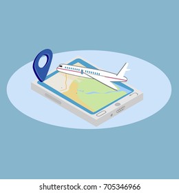 Large passenger Airplane 3d isometric illustrati on Smart phone with  mapon.
