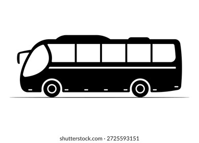 Ícone grande do ônibus de passageiros. Silhueta preta. Vista lateral. Ilustração gráfica plana simples vetorial. Objeto isolado em um fundo branco.