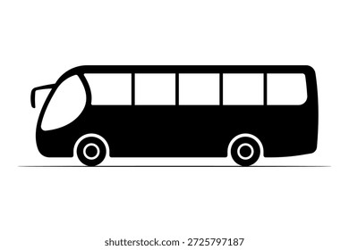 Ícone grande do ônibus de passageiros. Silhueta preta. Vista lateral. Ilustração gráfica plana simples vetorial. Objeto isolado em um fundo branco.