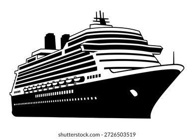 Large passenger liner icon. Ocean cruise vessel silhouette. Maritime tourism. Luxury travel ship.