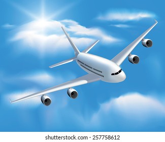 Large passenger plane flying in the blue sky. Vector illustration