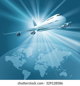 Large passenger plane flying over world map. Vector illustration