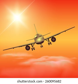 Large passenger plane flying in the sky. Vector illustration