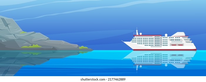 Large passenger ship sailing along seashore. Traveling on yachts by sea concept. Sailboat, modern vessel on open ocean. Cruise ship on water in sunny day. Beautiful scenery on ocean and ship