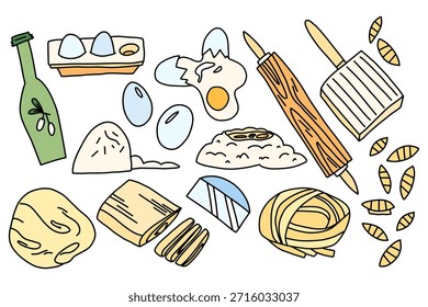 Ein großes Set zur Herstellung von Nudeln, einschließlich Eier, Mehl, Butter, einer Teigkugel und Kochutensilien, einem Rollstift, einer Nudelmaschine und einer Briefmarke. Eine Kollektion für gemeinsames Kochen.