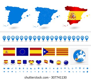 Large patriotic symbol set of Spain with maps of Spain,globe,shields, pin pointers and pictogram icons/Large patriotic symbol set of Spain.