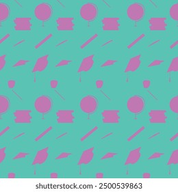A large pattern with school objects in purple and menthol green
