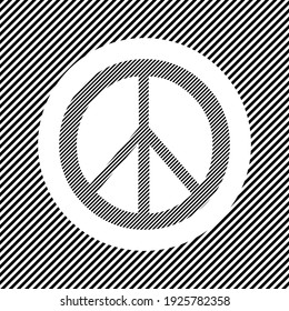Un gran símbolo de paz en el centro como un tramo de líneas negras sobre un círculo blanco. Efecto entrelazado. Patrón sin soldadura con líneas diagonales rayadas en blanco y negro