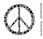 A large peace symbol in the center made in pointillism style. The center symbol is filled with black circles of various sizes. Vector illustration on white background