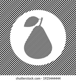 A large pear symbol in the center as a hatch of black lines on a white circle. Interlaced effect. Seamless pattern with striped black and white diagonal slanted lines