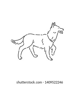 Large pedigree dog shepherd. Line art style character vector black white isolated illustration.