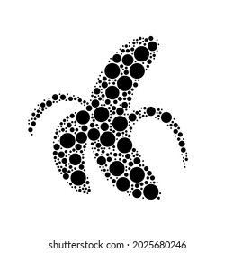 A large peeled banana symbol in the center made in pointillism style. The center symbol is filled with black circles of various sizes. Vector illustration on white background