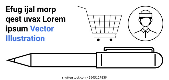 Large pen at bottom, shopping cart in center, person icon in upper right, placeholder text in upper left. Black and blue colors. Ideal for business, e-commerce, education, web design, advertisements