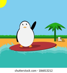 Large penguin on a surfboard