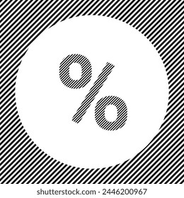A large percent symbol in the center as a hatch of black lines on a white circle. Interlaced effect. Seamless pattern with striped black and white diagonal slanted lines