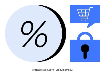 Large percentage symbol and shopping cart in speech bubble with lock icon. Ideal for e-commerce, security, online shopping, discounts, and promotions. Modern, simple, clean style