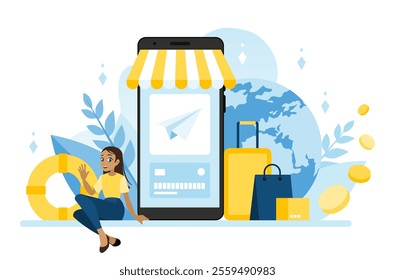 A large phone for installing an app for buying air tickets. Plan your trips and trips using your smartphone. A happy girl represents a safe journey around the world