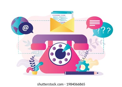 Teléfono grande con receptor. Concepto de servicio de apoyo y centro de llamadas. Contáctanos por correo electrónico o por medio social. La relación con el cliente y la línea directa de clientes. Pancarta de moda. Ilustración vectorial plana