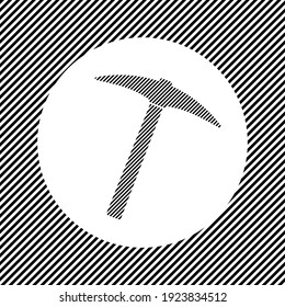 Ein großes Pickaxsymbol in der Mitte als Luke von schwarzen Linien auf einem weißen Kreis. Interlaced-Effekt. Nahtloses Muster mit gestreiften, schwarz-weißer diagonaler Linie
