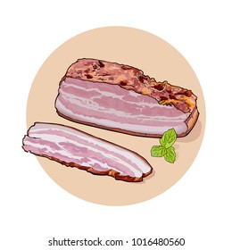 A large piece of bacon and sliced piece with green leaves. Vector. Illustration