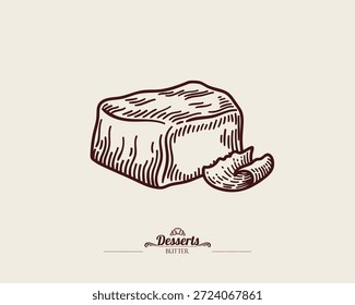 Pedaço grande de manteiga e pedaço fino encaracolado de manteiga. Ilustração de arte vetorial vintage.