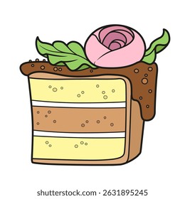 Large piece of cake with cream flower on a white background