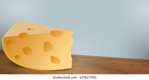 A large piece of cheese on a wooden table. Vector flat style illustration for food design. Sliced ​​slice of cheese on a blue background with a gradient.