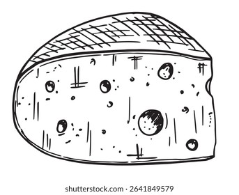 A large piece of Radamer cheese. For product menu, logo, label, food, packaging. Vector hand-drawn sketch illustration isolated white background