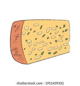 A large piece of Roquefort cheese with mold and herbs. A fragrant delicacy appetizer to wine and alcoholic beverages. Simple linear icon for catalog with cheeses and dairy products. Design for sticker