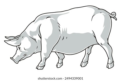 Large pig detailed sticker monochrome with piglet from farm sniffing ground in search of food vector illustration