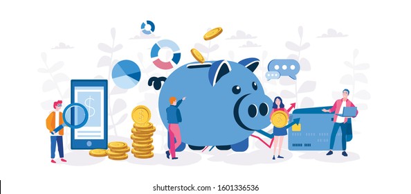 Large piggy bank with business people and golden coin. Financial services, small bankers are engaged in work,  saving or save money or open a bank deposit. Vector illustration for web, social media.