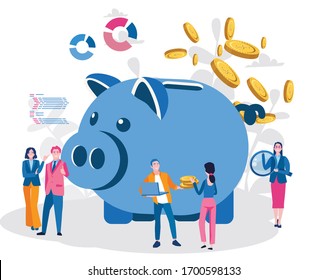 Large piggy bank with business people and golden coin. Financial services, small bankers are engaged in work,  saving or save money or open a bank deposit. Vector illustration for web, social media.