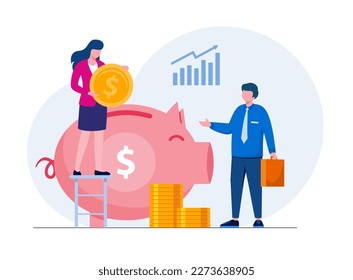 Large piggy bank with business people and golden coin. Financial services, small bankers are engaged in work, saving or save money or open a bank deposit. Vector illustration for web, social media.