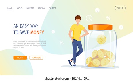 Large Piggy Bank In The Form Of A Jar With Coins Inside And Young Man. Money Saving Or Accumulating, Financial Services, Deposit Concept. Vector Illustration For Banner, Poster, Advertising, Website.