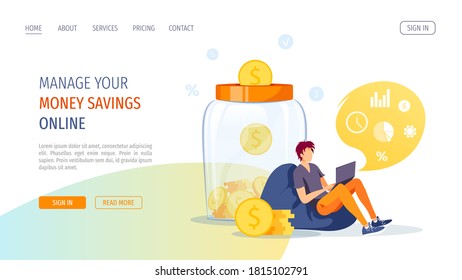 Large Piggy Bank In The Form Of A Jar With Coins Inside And Man Working With Laptop. Money Saving Or Accumulating, Financial Services, Deposit Concept. Vector Illustration For Banner, Poster, Website.